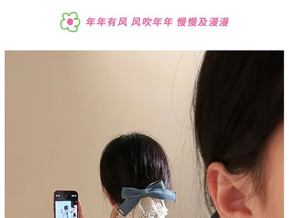 Denim Panel Ruffle Hair Bow Clip