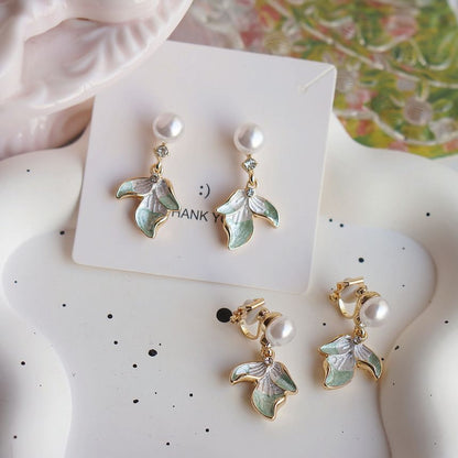 Faux Pearl Earring Flower Rhinestone / Clip-On Drop