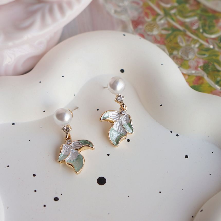 Faux Pearl Earring Flower Rhinestone / Clip-On Drop