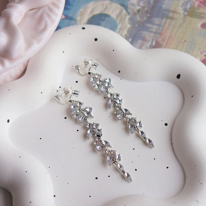 Rhinestone Drop Earring / Leaf Clip-On