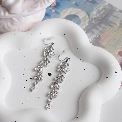 Rhinestone Drop Earring / Leaf Clip-On