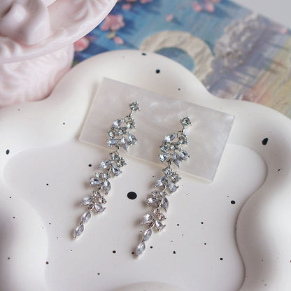 Rhinestone Drop Earring / Leaf Clip-On