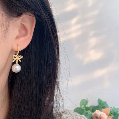 Huggie Pearl Drop Faux Earring Rhinestone Bow