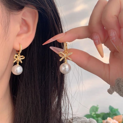 Huggie Pearl Drop Faux Earring Rhinestone Bow