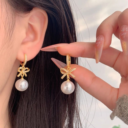 Huggie Pearl Drop Faux Earring Rhinestone Bow