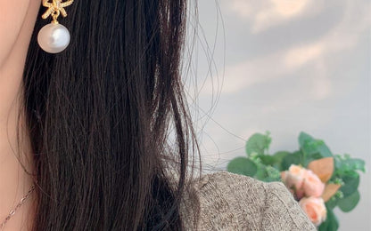 Huggie Pearl Drop Faux Earring Rhinestone Bow