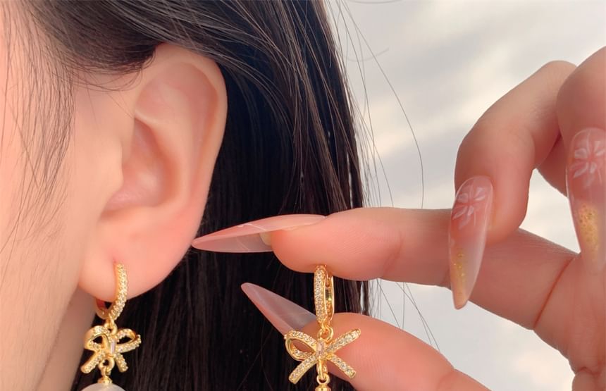 Huggie Pearl Drop Faux Earring Rhinestone Bow