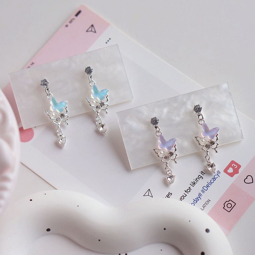 Clip-On Drop Faux Rhinestone Pearl Earring Butterfly /