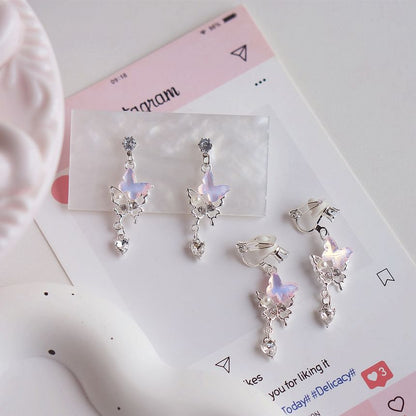 Clip-On Drop Faux Rhinestone Pearl Earring Butterfly /