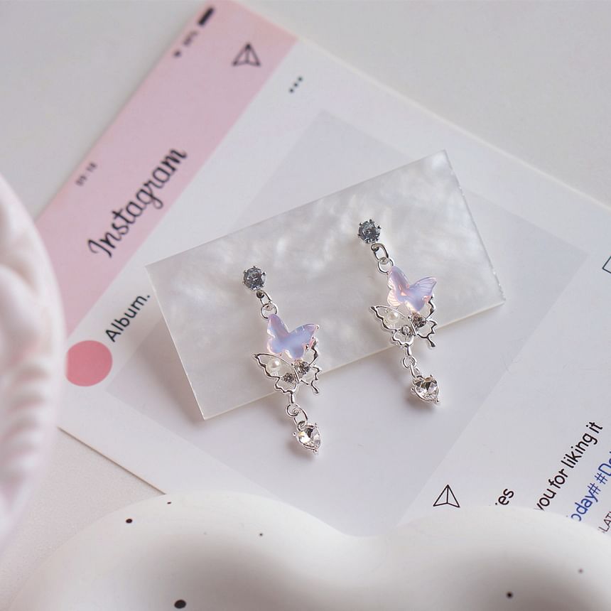 Clip-On Drop Faux Rhinestone Pearl Earring Butterfly /