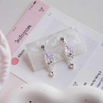 Clip-On Drop Faux Rhinestone Pearl Earring Butterfly /
