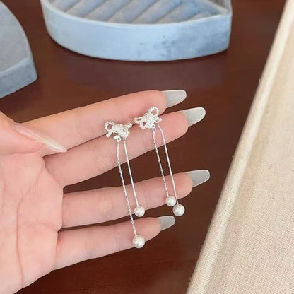 Pearl Earring Bowknot Rhinestone Dangle Faux