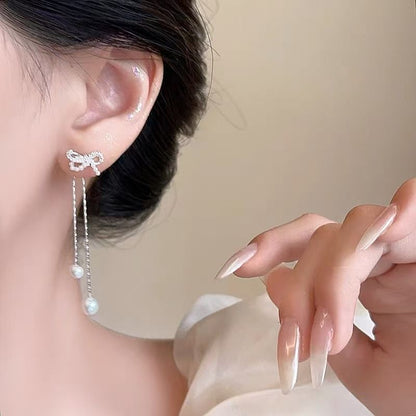 Pearl Earring Bowknot Rhinestone Dangle Faux