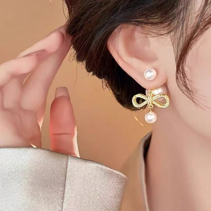 Earring Faux Bow Pearl Alloy Drop