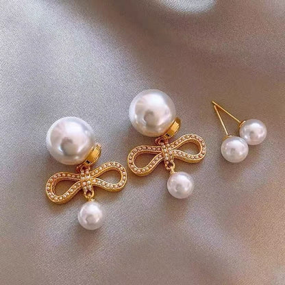 Earring Faux Bow Pearl Alloy Drop
