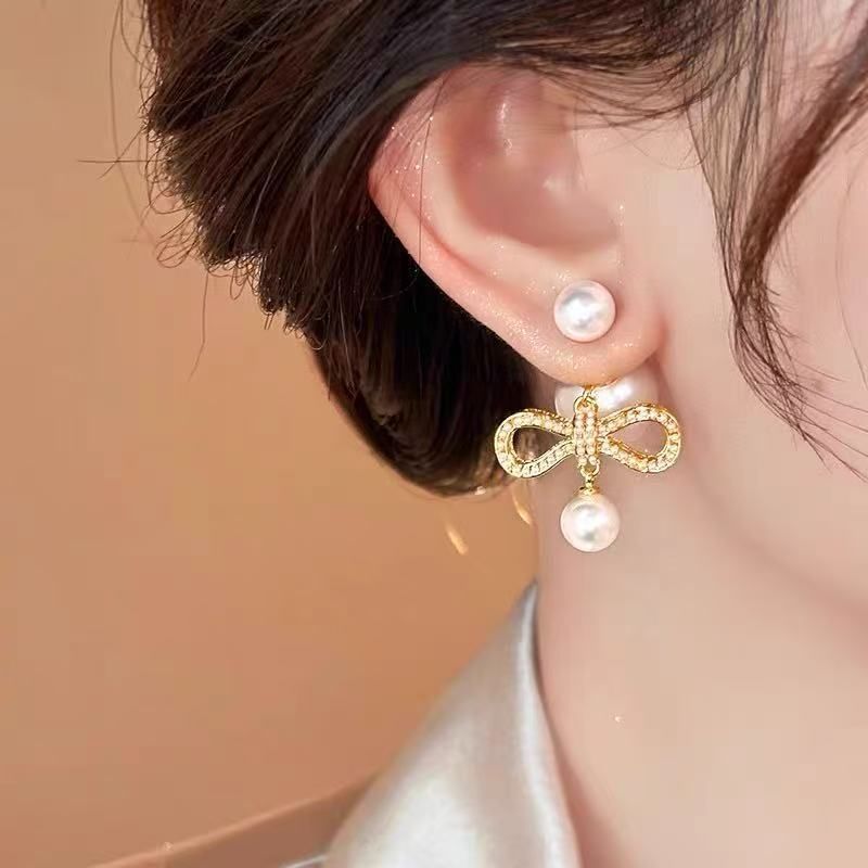 Earring Faux Bow Pearl Alloy Drop
