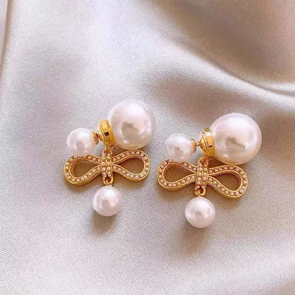 Earring Faux Bow Pearl Alloy Drop