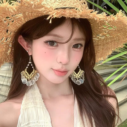 Earring Shell Chandelier Disc Alloy