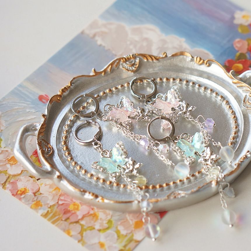 Earring Butterfly 925 Bead Drop Clip-On Sterling Silver /