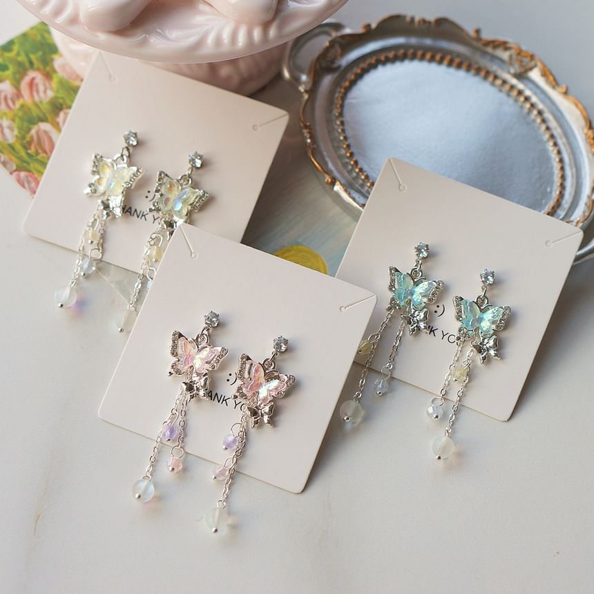 Earring Butterfly 925 Bead Drop Clip-On Sterling Silver /