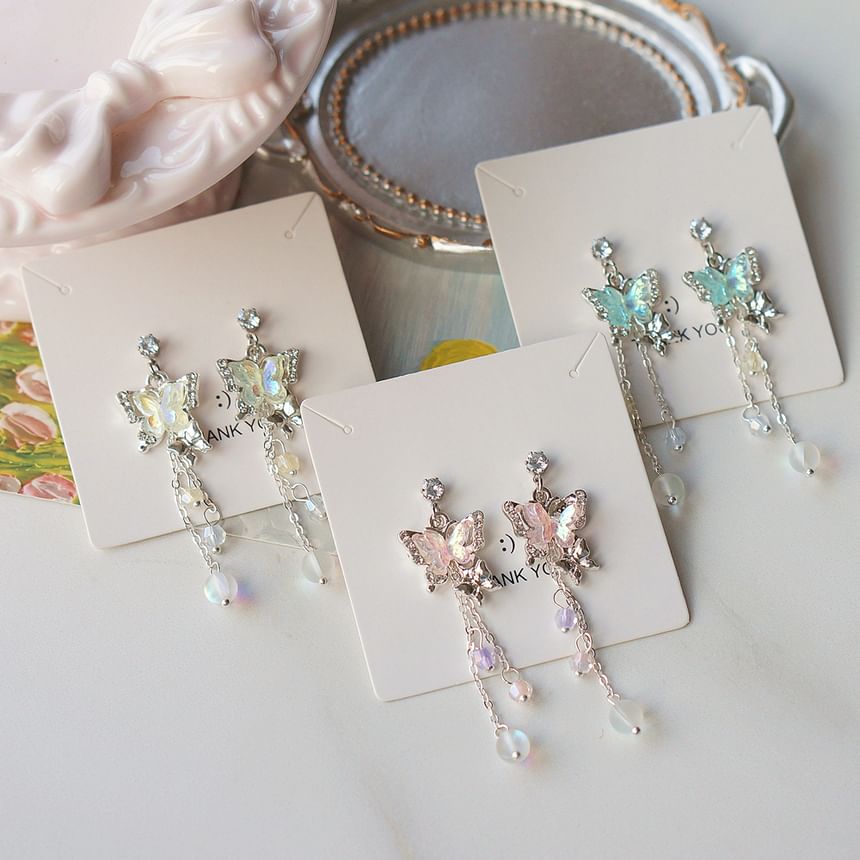 Earring Butterfly 925 Bead Drop Clip-On Sterling Silver /