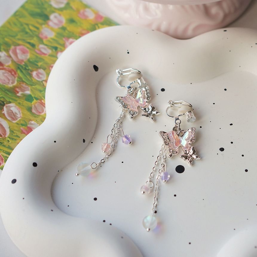 Earring Butterfly 925 Bead Drop Clip-On Sterling Silver /