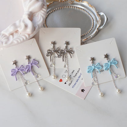 925 Bow Earring Silver Pearl Drop Faux Sterling Clip-On /