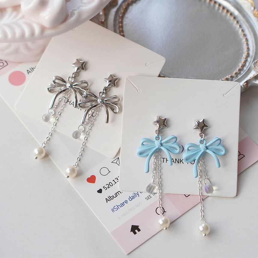 925 Bow Earring Silver Pearl Drop Faux Sterling Clip-On /