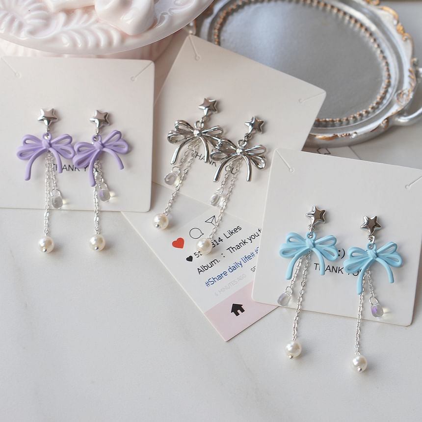 925 Bow Earring Silver Pearl Drop Faux Sterling Clip-On /