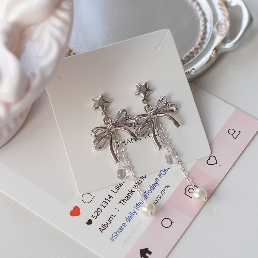 925 Bow Earring Silver Pearl Drop Faux Sterling Clip-On /