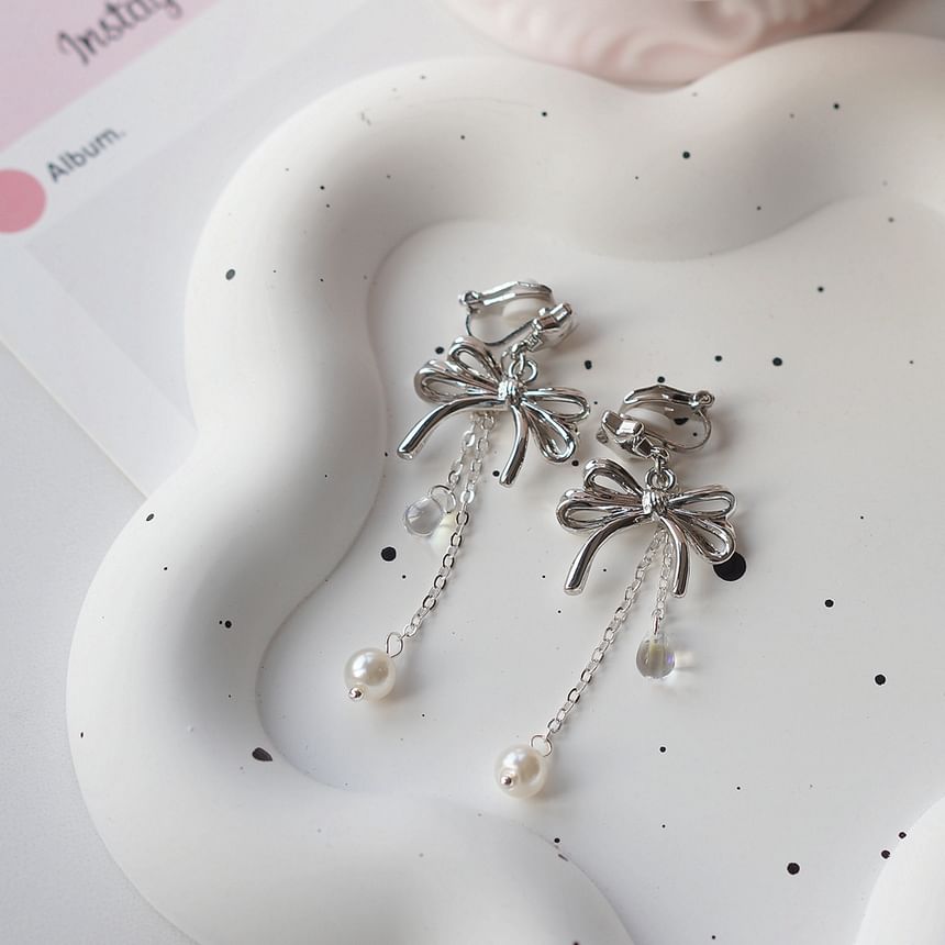 925 Bow Earring Silver Pearl Drop Faux Sterling Clip-On /