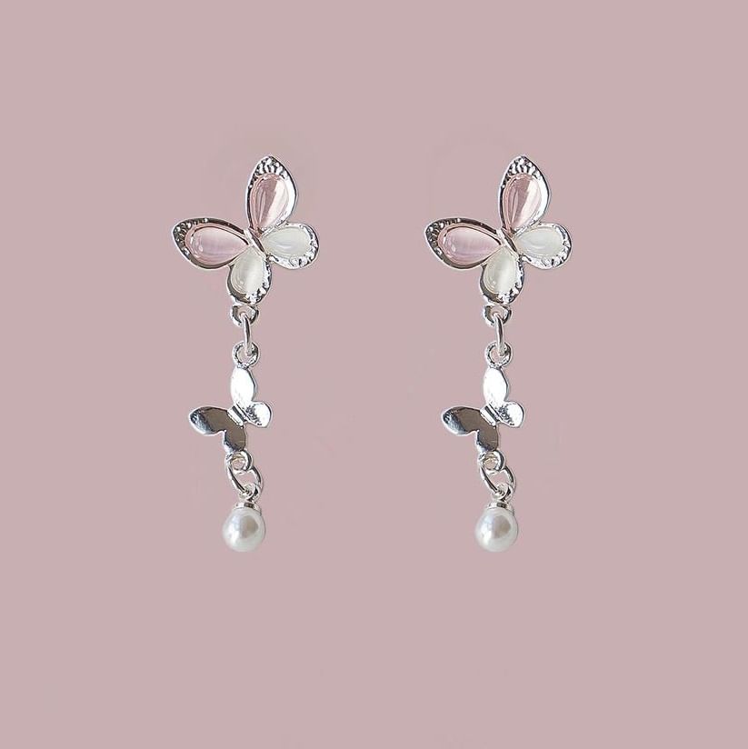 925 Clip-On Drop Sterling Pearl / Faux Silver Butterfly Earring
