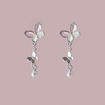 925 Clip-On Drop Sterling Pearl / Faux Silver Butterfly Earring