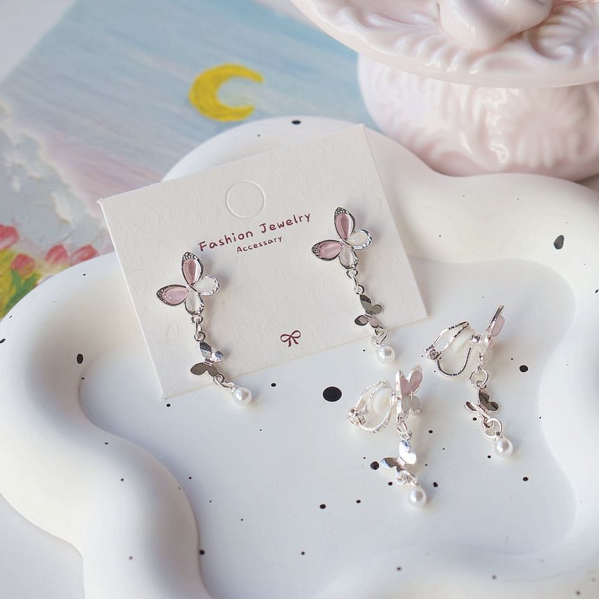 925 Clip-On Drop Sterling Pearl / Faux Silver Butterfly Earring