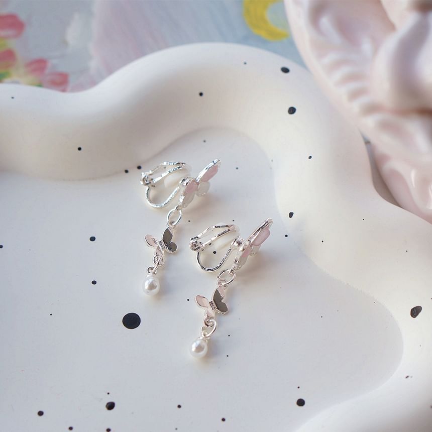 925 Clip-On Drop Sterling Pearl / Faux Silver Butterfly Earring