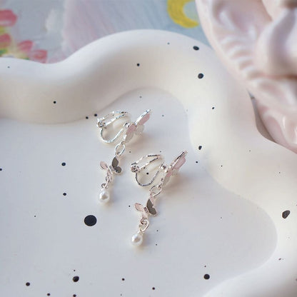 925 Clip-On Drop Sterling Pearl / Faux Silver Butterfly Earring