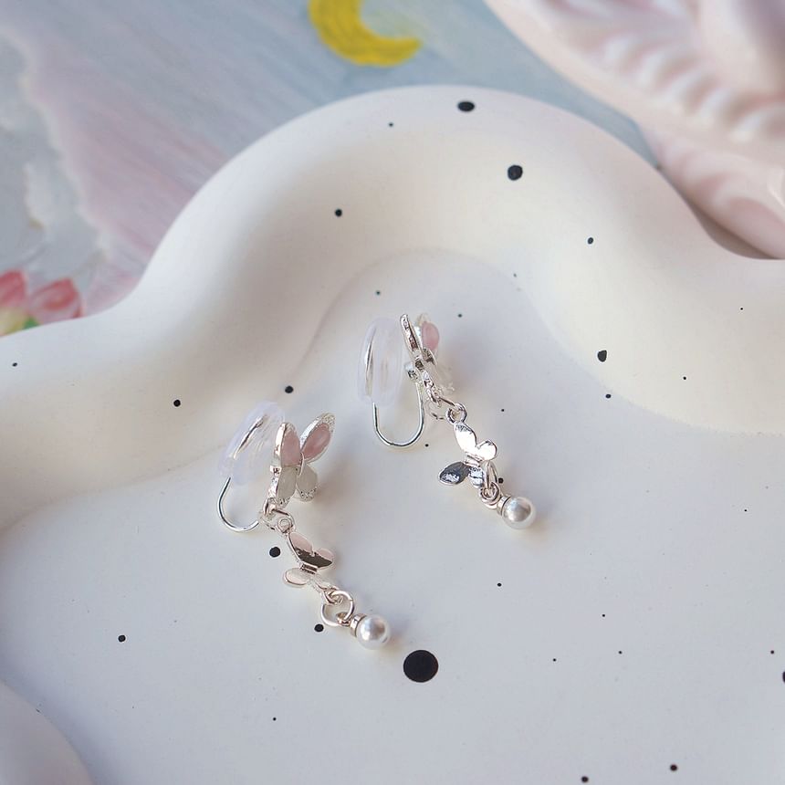 925 Clip-On Drop Sterling Pearl / Faux Silver Butterfly Earring