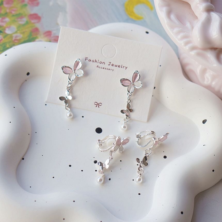 925 Clip-On Drop Sterling Pearl / Faux Silver Butterfly Earring