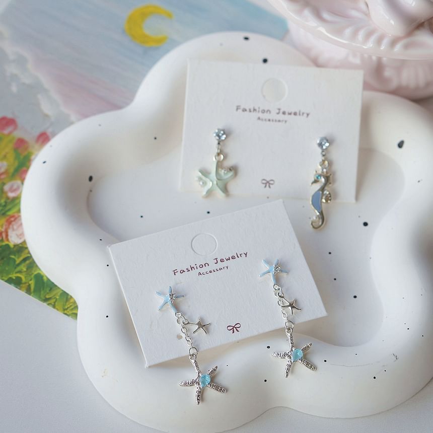 Sterling 925 Rhinestone Clip-On Earring / Starfish Drop Silver