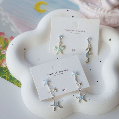 Sterling 925 Rhinestone Clip-On Earring / Starfish Drop Silver