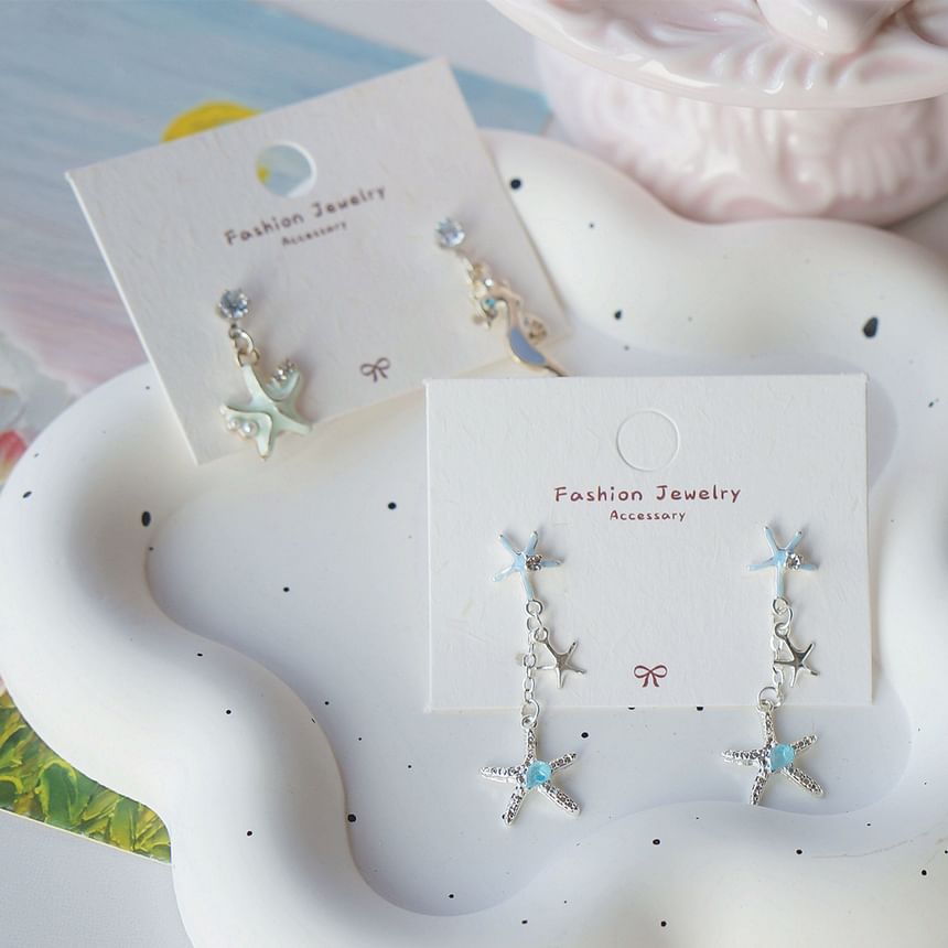 Sterling 925 Rhinestone Clip-On Earring / Starfish Drop Silver