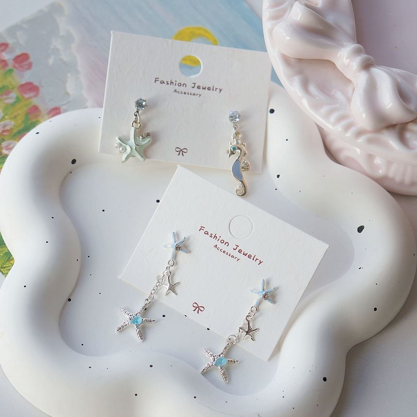 Sterling 925 Rhinestone Clip-On Earring / Starfish Drop Silver