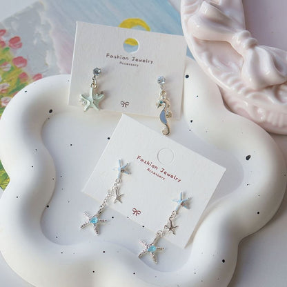 Sterling 925 Rhinestone Clip-On Earring / Starfish Drop Silver