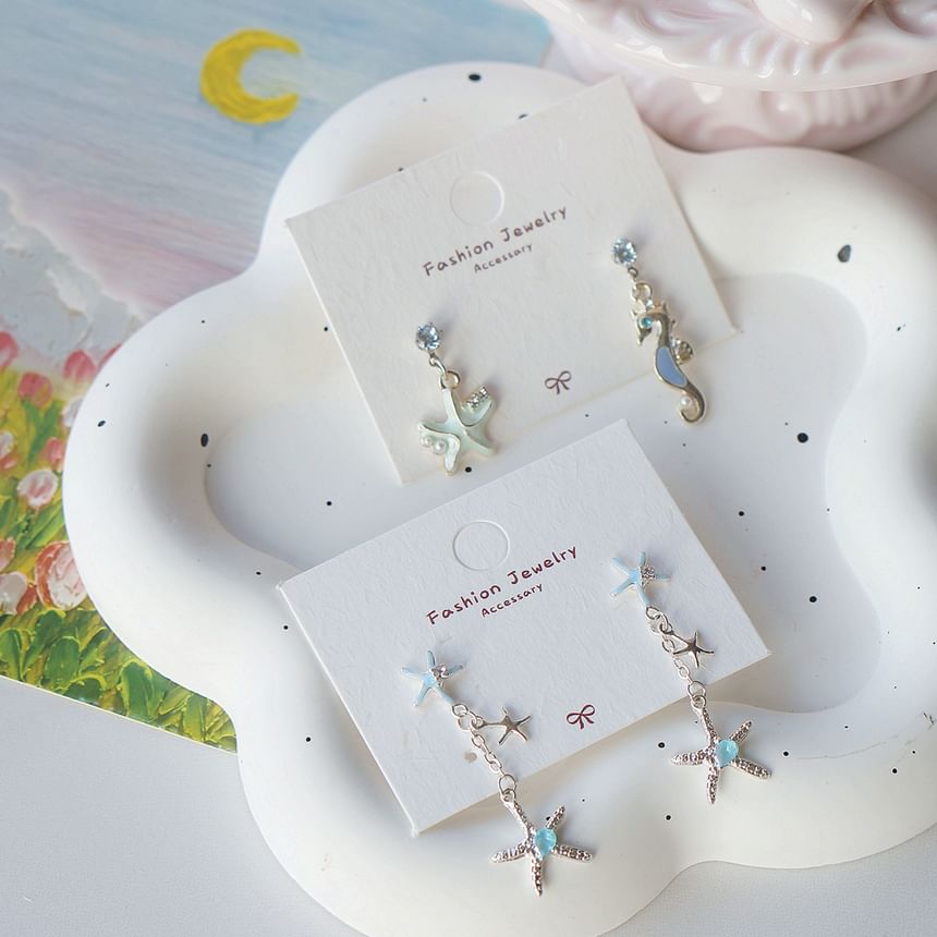 Sterling 925 Rhinestone Clip-On Earring / Starfish Drop Silver