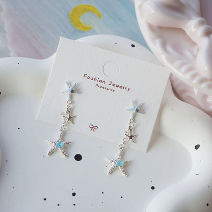 Sterling 925 Rhinestone Clip-On Earring / Starfish Drop Silver