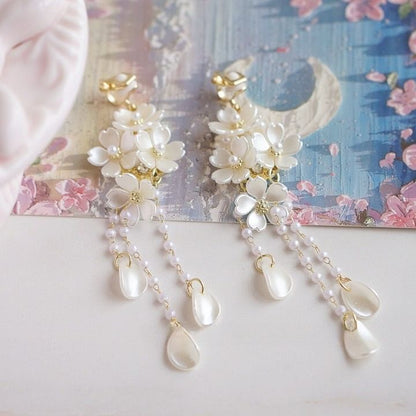 Silver Faux Drop Pearl Sterling Flower Clip-On Earring / 925