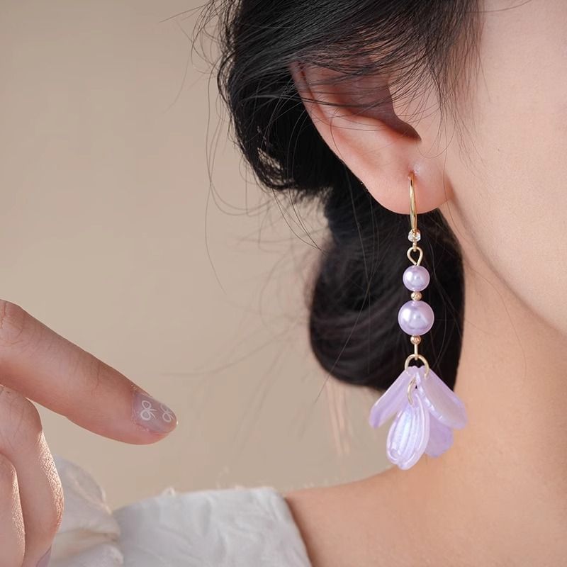 Dangle Faux Earring Alloy Pearl Petal