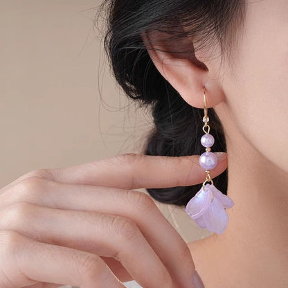Dangle Faux Earring Alloy Pearl Petal