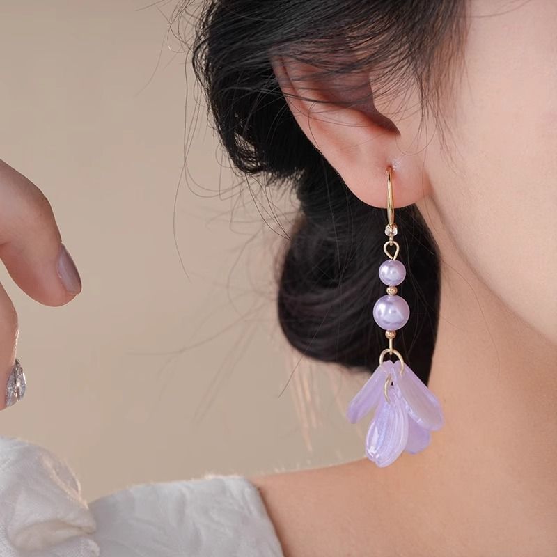 Dangle Faux Earring Alloy Pearl Petal
