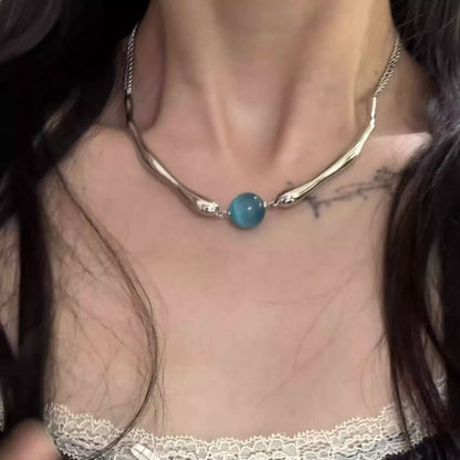 Faux Cat Bead Choker Stone Eye Alloy